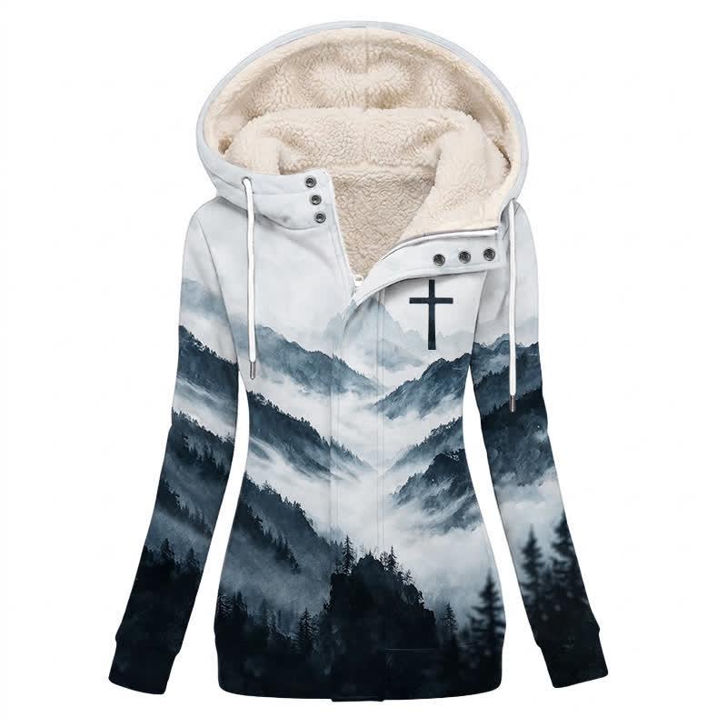 Christianartworkshop Winterjacke mit Kapuze und Fleecefutter in kühlen Farbtönen, Modell Misty Mountain Cross, mit Kapuze - US16, UK/AU20, EU48 (4XL) - image 0