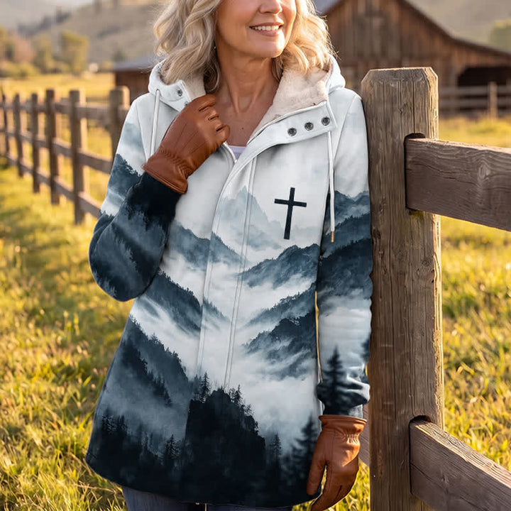 Christianartworkshop Winterjacke mit Kapuze und Fleecefutter in kühlen Farbtönen, Modell Misty Mountain Cross, mit Kapuze - image 3