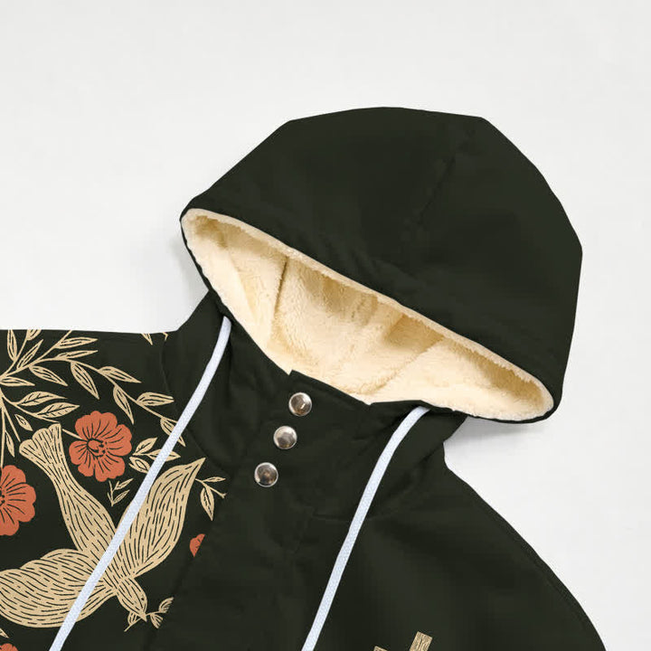 Christianartworkshop Schwarzer Fleece-Wintermantel mit Kapuze, verziert mit Blumenmuster, Kreuz und Heiligem Geist - image 4