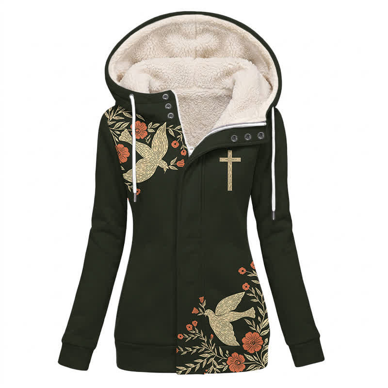 Christianartworkshop Schwarzer Fleece-Wintermantel mit Kapuze, verziert mit Blumenmuster, Kreuz und Heiligem Geist - US16, UK/AU20, EU48 (4XL) - image 0