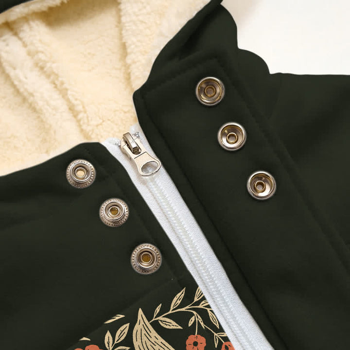 Christianartworkshop Schwarzer Fleece-Wintermantel mit Kapuze, verziert mit Blumenmuster, Kreuz und Heiligem Geist - image 5