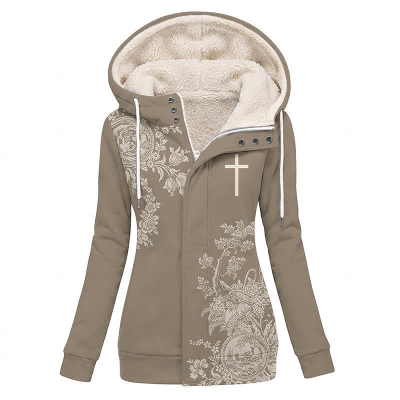 Christianartworkshop Taupefarbene Winterjacke mit Kapuze, Fleece-Einsatz, Vintage-Blumenmuster, Fleece-Einsatz, Kapuze - US16, UK/AU20, EU48 (4XL) - image 0