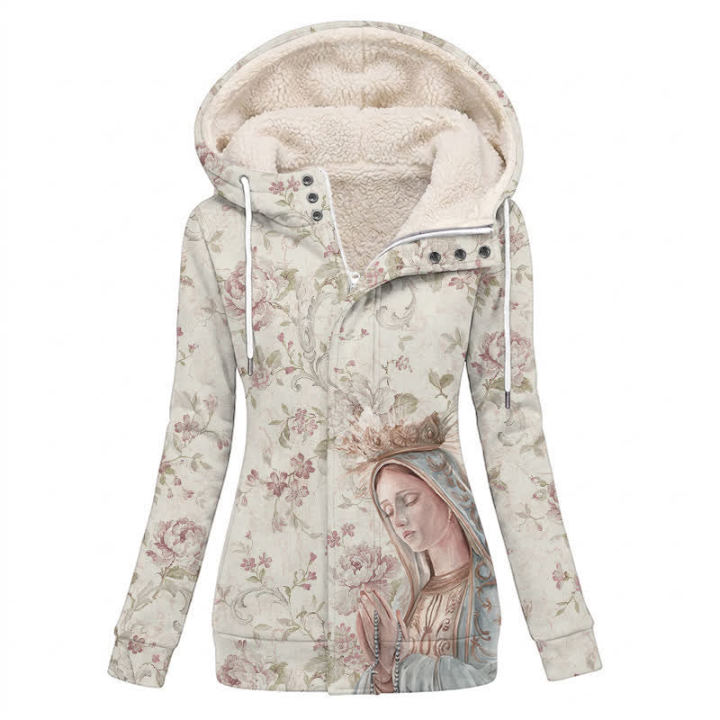 Christianartworkshop Vintage Winterjacke mit Kapuze und Fleecefutter, verziert mit dem Motiv der Jungfrau Maria und Rosenmotiv. - US16, UK/AU20, EU48 (4XL) - image 0