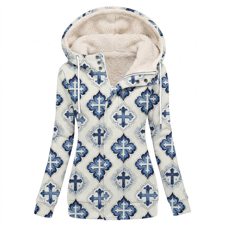 Christianartworkshop Blau getönter Wintermantel aus Fleece mit Kapuze und Kreuzmuster im Fliesen-Design - US16, UK/AU20, EU48 (4XL) - image 0