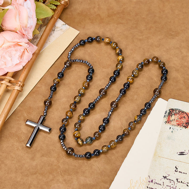 Christianartworkshop aus natürlichem Obsidian mit Tigerauge-Motiv – Rosenkranz aus Hämatit-Stein mit Kreuz zum Schutz - Rosenkranzkette aus natürlichem Obsidian mit Tigerauge - image 0