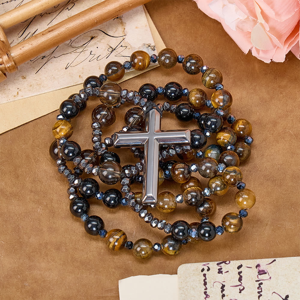 Christianartworkshop aus natürlichem Obsidian mit Tigerauge-Motiv – Rosenkranz aus Hämatit-Stein mit Kreuz zum Schutz - image 1