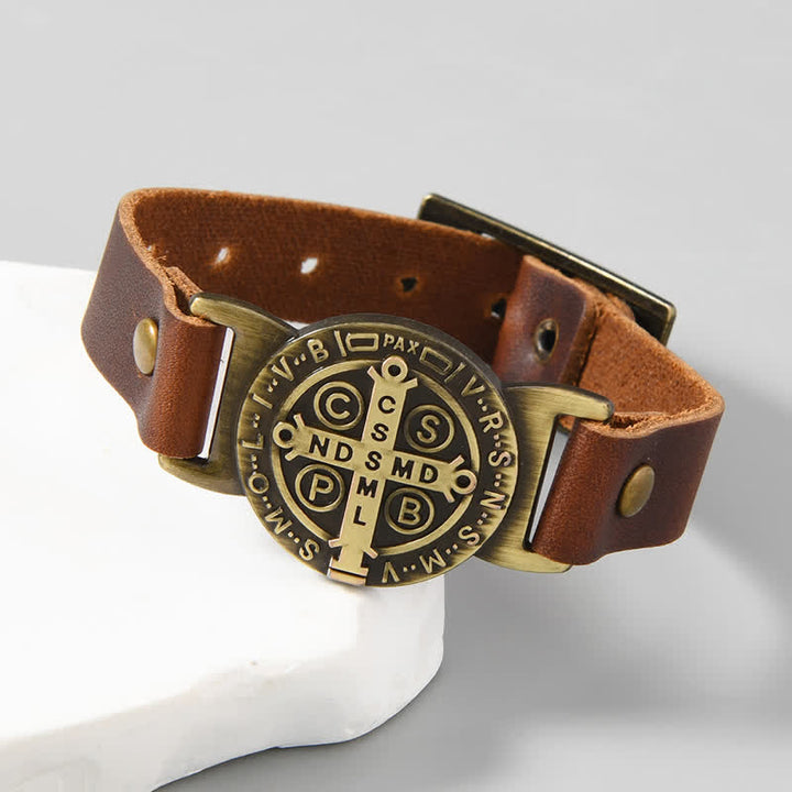 Christianartworkshop Robustes Armband mit St.-Benedikt-Medaille aus Rindsleder: Zeichen unerschütterlicher Fürsorge - Dunkelbraun - image 6