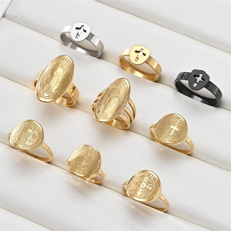 Christianartworkshop Ring mit heiligem Porträt und Kreuzmedaillon: Symbol sanften himmlischen Schutzes - image 0