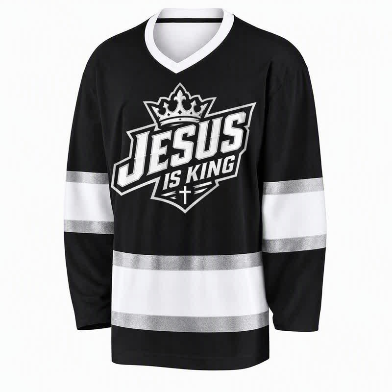 Christianartworkshop Jesus Is King Schwarzes Streetwear-Hockeytrikot - image 1