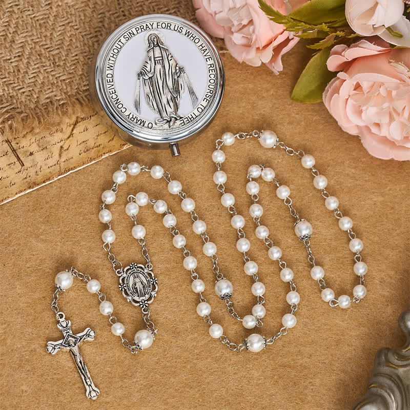 Christianartworkshop Aufwendig verziertes Aufbewahrungsset für den Rosenkranz Unserer Lieben Frau aus Legierung und Perle: Zeichen des unerschütterlichen himmlischen Schutzes - Weiß - image 9