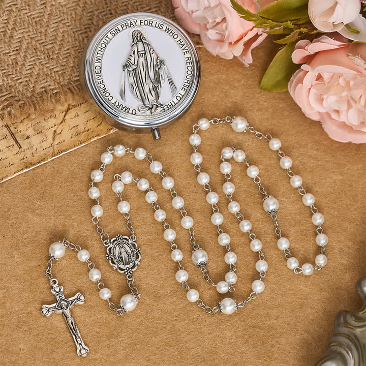 Christianartworkshop Aufwendig verziertes Aufbewahrungsset für den Rosenkranz Unserer Lieben Frau aus Legierung und Perle: Zeichen des unerschütterlichen himmlischen Schutzes - Weiß - image 9