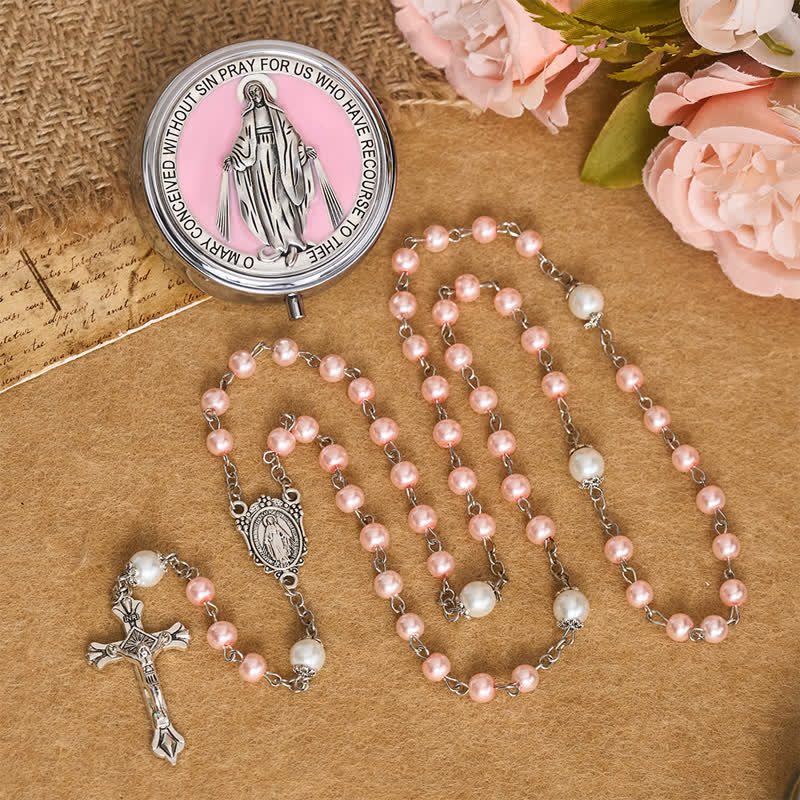 Christianartworkshop Aufwendig verziertes Aufbewahrungsset für den Rosenkranz Unserer Lieben Frau aus Legierung und Perle: Zeichen des unerschütterlichen himmlischen Schutzes - Rosa - image 5