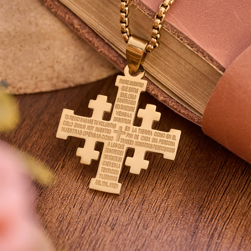 Christianartworkshop Moderne zweifarbige Halskette mit dem spanischen Jerusalem-Kreuz und dem Vaterunser: Glaube für jeden Augenblick - Goldenes (spanisches Gebet) - image 0