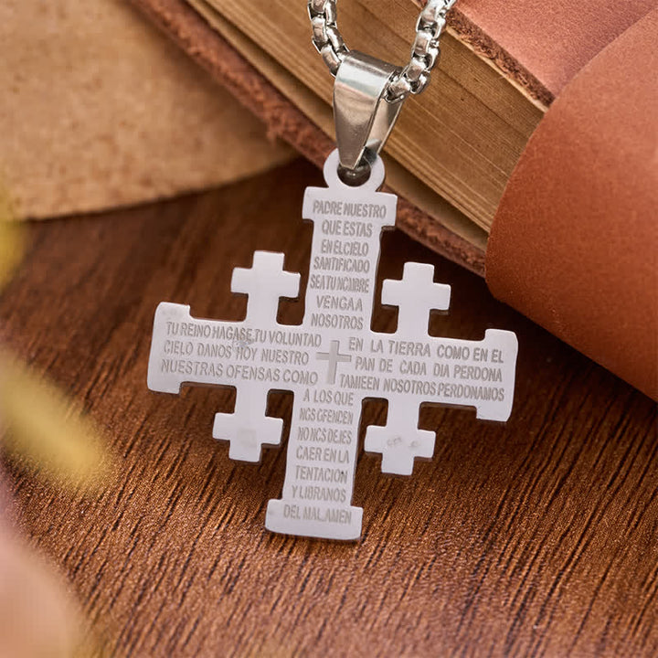 Christianartworkshop Moderne zweifarbige Halskette mit dem spanischen Jerusalem-Kreuz und dem Vaterunser: Glaube für jeden Augenblick - Silber (spanisches Gebet) - image 3