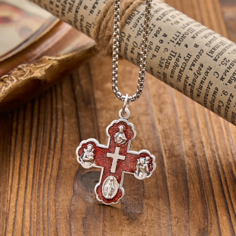 Christianartworkshop Halskette mit vier heiligen Porträtkreuzen: Symbol sanften himmlischen Schutzes - Rot - image 5