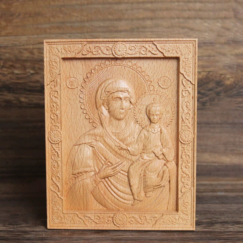 Christianartworkshop Aufwendig verzierte, aus Buchenholz geschnitzte Ikone der Muttergottes und Jesu: Zeichen sanften göttlichen Trostes - Unsere Liebe Frau vom Zeichen - image 6