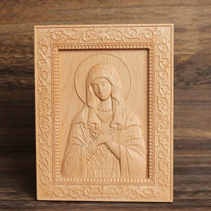 Christianartworkshop Aufwendig verzierte, aus Buchenholz geschnitzte Ikone der Muttergottes und Jesu: Zeichen sanften göttlichen Trostes - Unsere Liebe Frau der Demut - image 5
