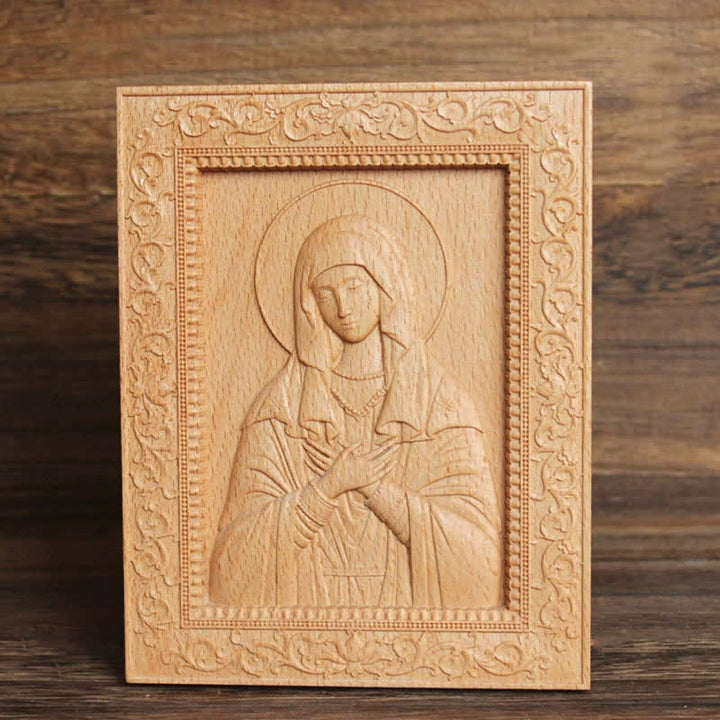 Christianartworkshop Aufwendig verzierte, aus Buchenholz geschnitzte Ikone der Muttergottes und Jesu: Zeichen sanften göttlichen Trostes - Unsere Liebe Frau der Demut - image 5