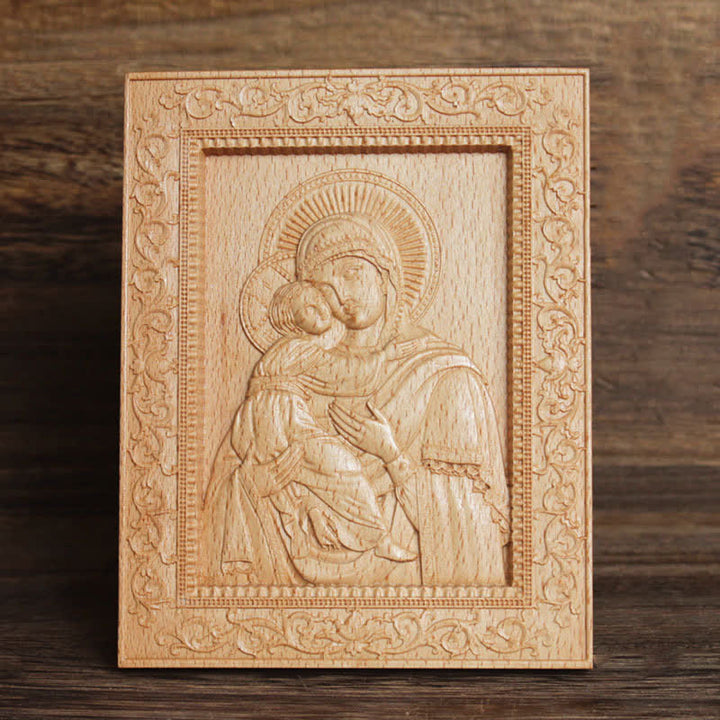 Christianartworkshop Aufwendig verzierte, aus Buchenholz geschnitzte Ikone der Muttergottes und Jesu: Zeichen sanften göttlichen Trostes - Jungfrau Maria und Kind - image 7