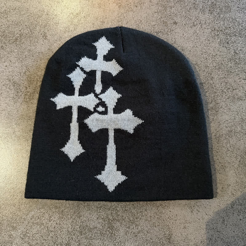 Christianartworkshop Dreifach gekreuzte Jacquard-Strickmütze: Symbol zeitloser himmlischer Gnade - Schwarz mit grauem Kreuz - image 5
