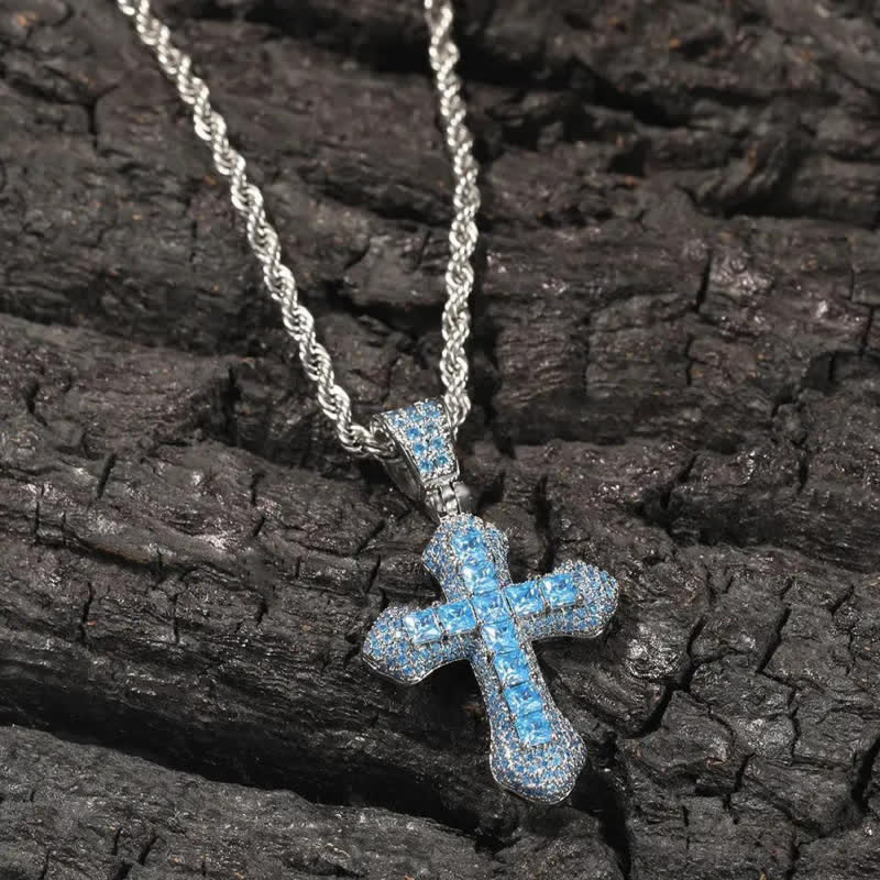 Christianartworkshop Massives, funkelndes, gewelltes Kreuz mit Seilkette: Überbringer eines kraftvollen täglichen Segens - Blau - image 0
