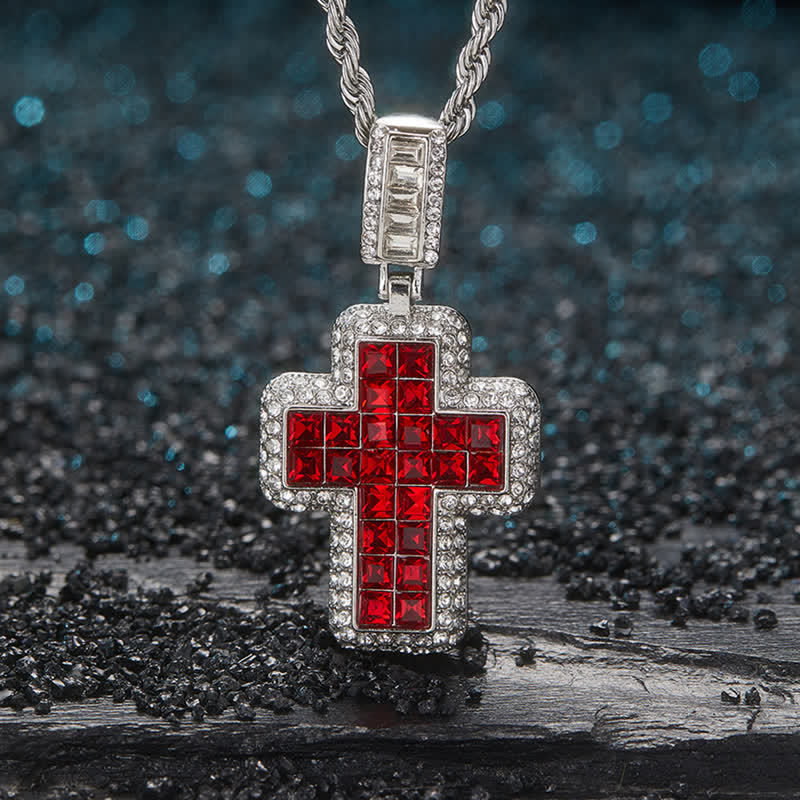 Christianartworkshop Halskette mit quadratischem Edelsteinblock-Kreuz: Zeichen himmlischer Stärke - Silber - Rot - image 0