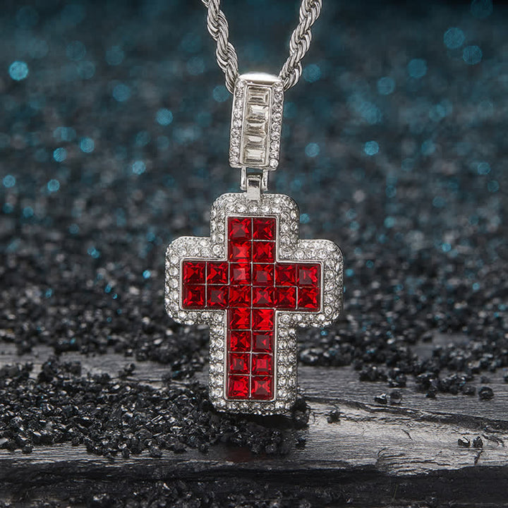 Christianartworkshop Halskette mit quadratischem Edelsteinblock-Kreuz: Zeichen himmlischer Stärke - Silber - Rot - image 0