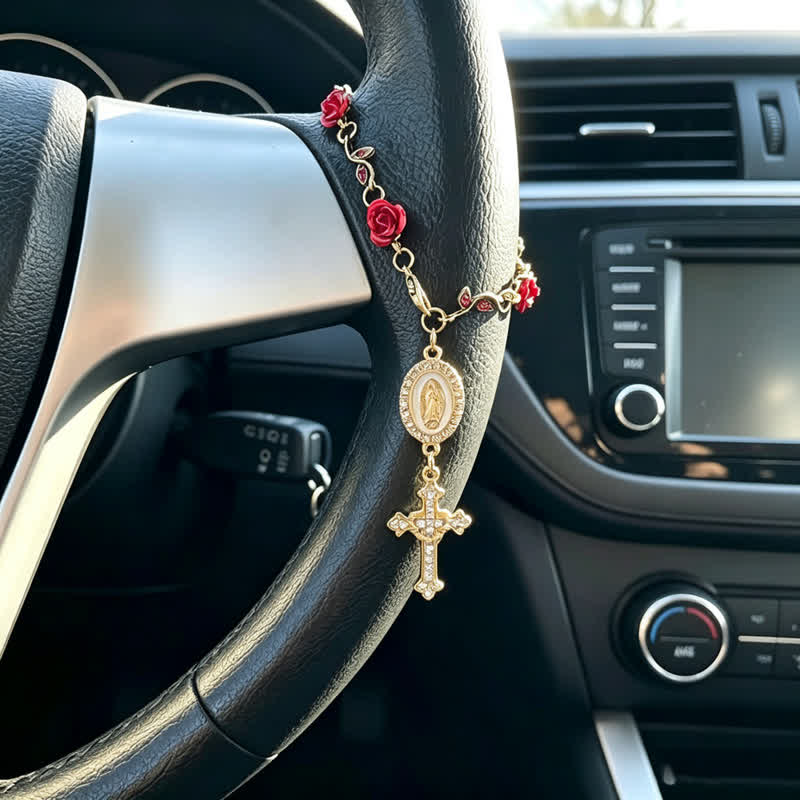 Christianartworkshop Zarter Rosen-Link-Autoanhänger mit Marienkreuz: Überbringer sanfter göttlicher Fürsorge auf dem Weg - Unsere Liebe Frau und Kreuz D - image 4