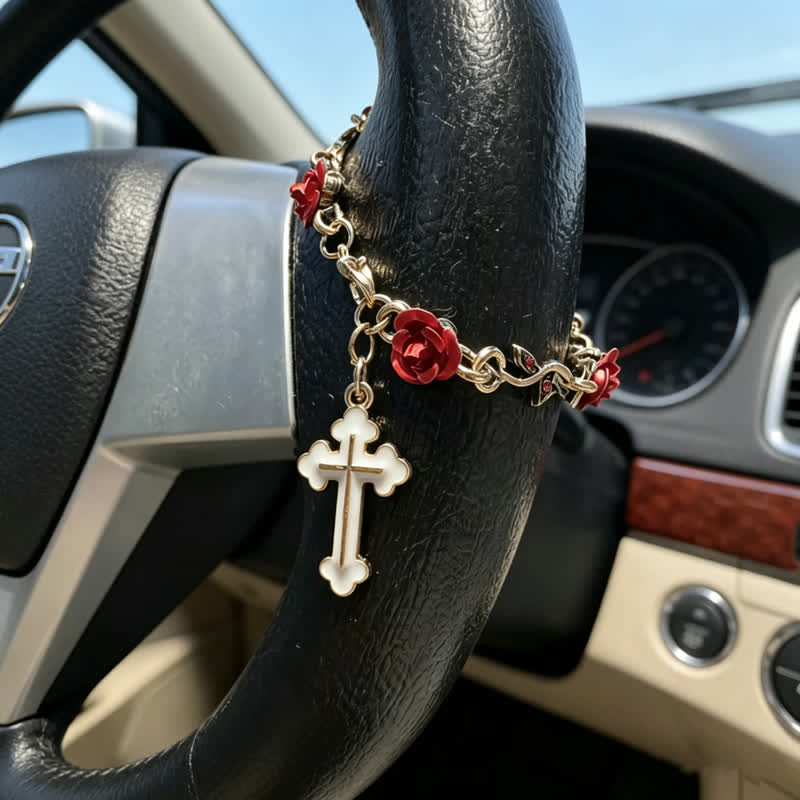 Christianartworkshop Zarter Rosen-Link-Autoanhänger mit Marienkreuz: Überbringer sanfter göttlicher Fürsorge auf dem Weg - Kreuzen - image 2