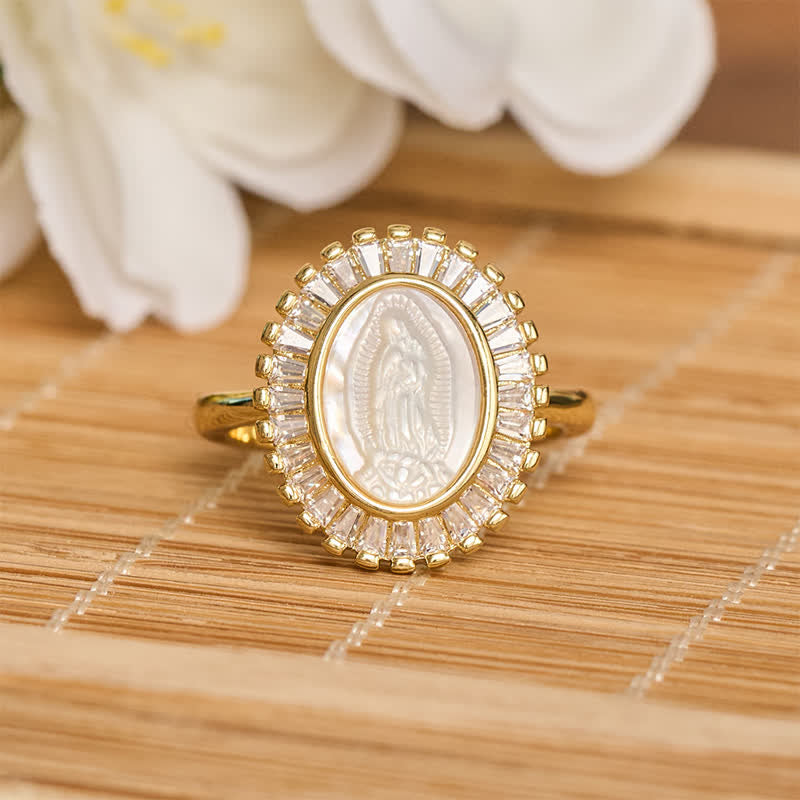 Christianartworkshop Verstellbarer Ring mit strahlendem Heiligenschein und Marienporträt: Symbol stillen göttlichen Trostes - Weiß (Passend für US-Größen 6-9) - image 0