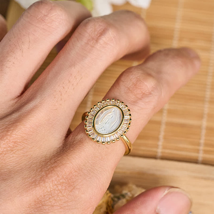 Christianartworkshop Verstellbarer Ring mit strahlendem Heiligenschein und Marienporträt: Symbol stillen göttlichen Trostes - image 1