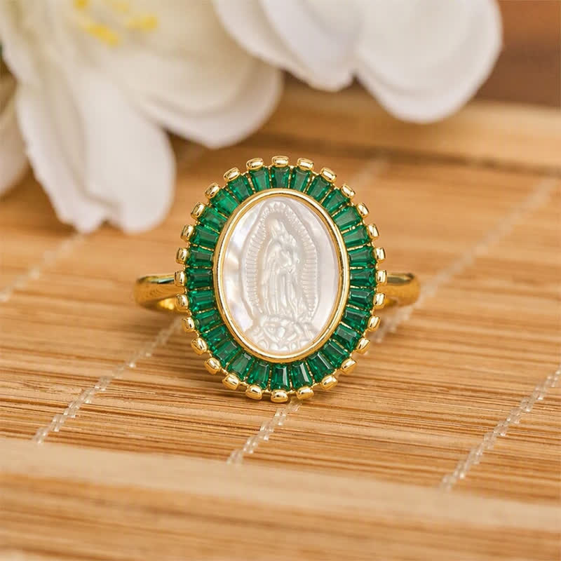 Christianartworkshop Verstellbarer Ring mit strahlendem Heiligenschein und Marienporträt: Symbol stillen göttlichen Trostes - Grün (Passend für US-Größen 6-9) - image 6