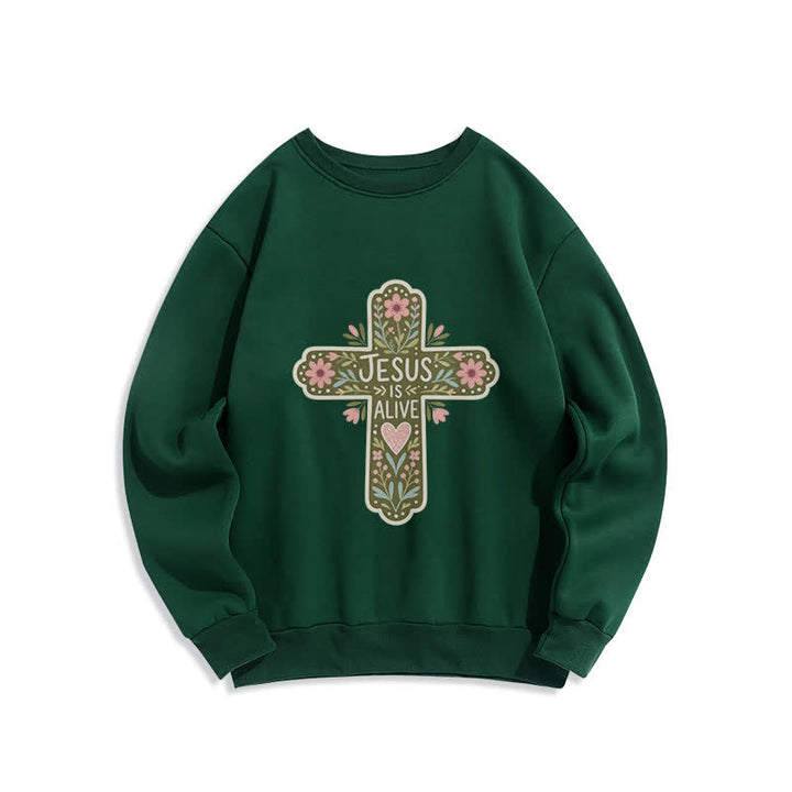 Christianartworkshop Jesus Is Alive Floral Cross Kuscheliges Sweatshirt mit Rundhalsausschnitt - Grün - 2XL - image 0