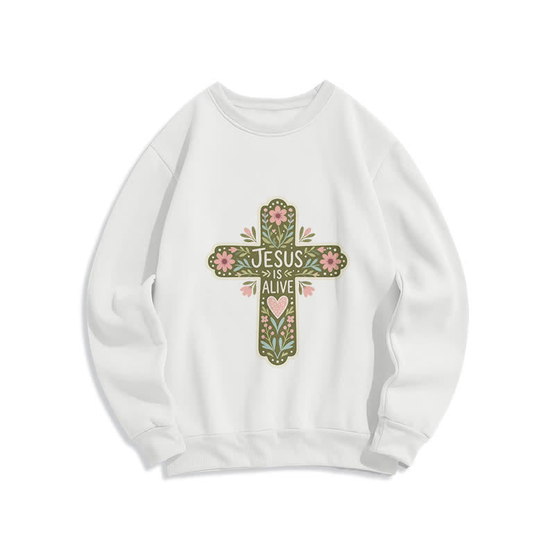 Christianartworkshop Jesus Is Alive Floral Cross Kuscheliges Sweatshirt mit Rundhalsausschnitt - Weiß - 2XL - image 1