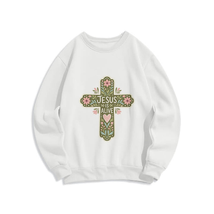 Christianartworkshop Jesus Is Alive Floral Cross Kuscheliges Sweatshirt mit Rundhalsausschnitt - Weiß - 2XL - image 1