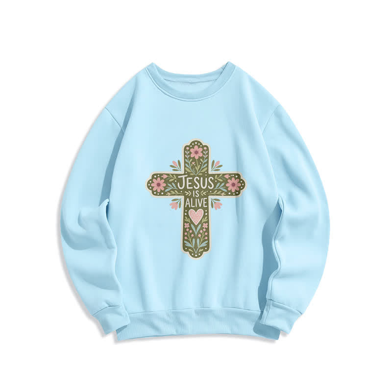 Christianartworkshop Jesus Is Alive Floral Cross Kuscheliges Sweatshirt mit Rundhalsausschnitt - Blau - 2XL - image 2