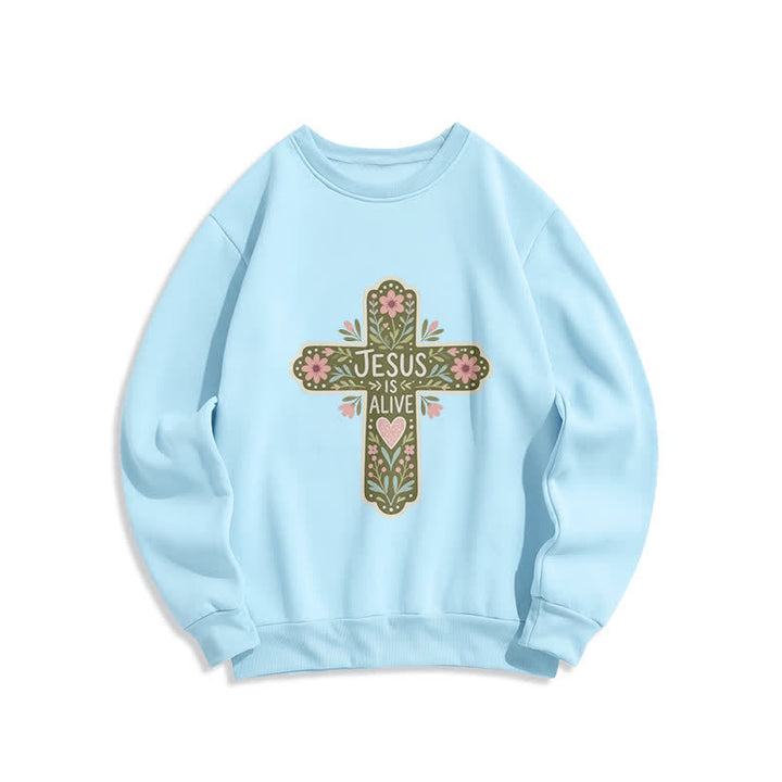 Christianartworkshop Jesus Is Alive Floral Cross Kuscheliges Sweatshirt mit Rundhalsausschnitt - Blau - 2XL - image 2