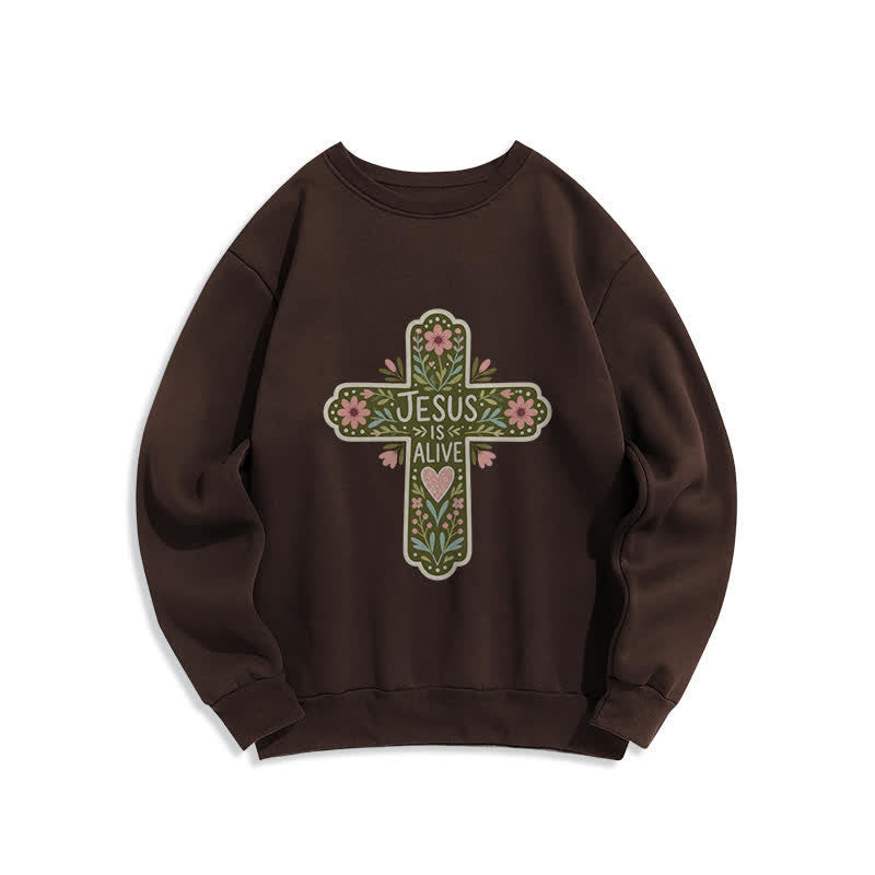 Christianartworkshop Jesus Is Alive Floral Cross Kuscheliges Sweatshirt mit Rundhalsausschnitt - Braun - 2XL - image 5