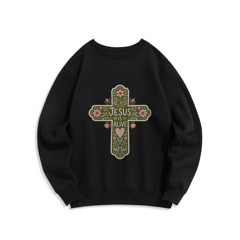 Christianartworkshop Jesus Is Alive Floral Cross Kuscheliges Sweatshirt mit Rundhalsausschnitt - Schwarz - 2XL - image 3