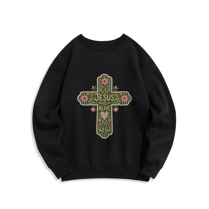 Christianartworkshop Jesus Is Alive Floral Cross Kuscheliges Sweatshirt mit Rundhalsausschnitt - Schwarz - 2XL - image 3