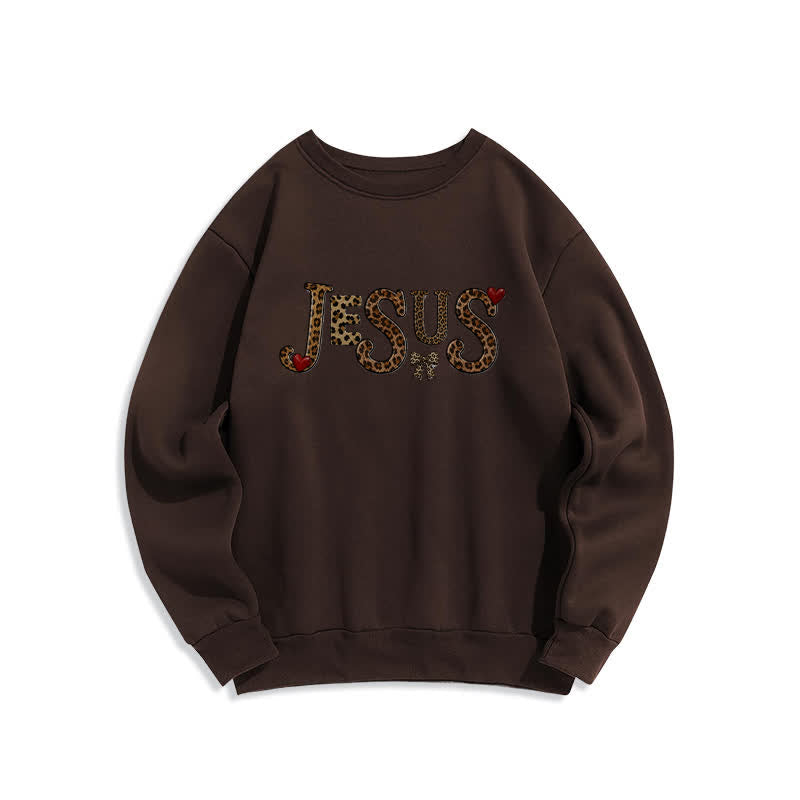 Christianartworkshop Jesus Leopard Heart Bow Crewneck Fleece Sweatshirt - Braun - 2XL - image 4