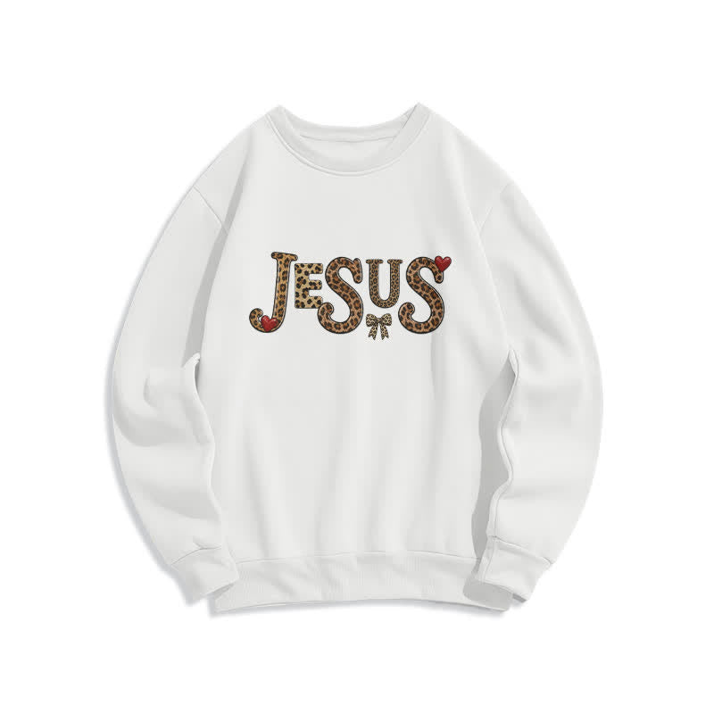 Christianartworkshop Jesus Leopard Heart Bow Crewneck Fleece Sweatshirt - Weiß - 2XL - image 0