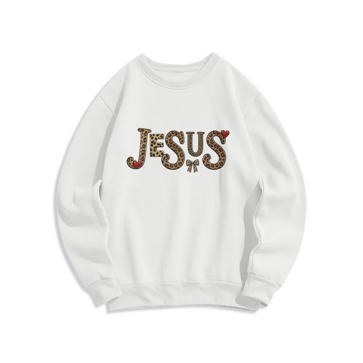 Christianartworkshop Jesus Leopard Heart Bow Crewneck Fleece Sweatshirt - Weiß - 2XL - image 0