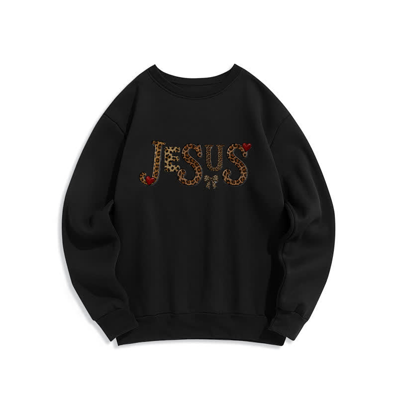 Christianartworkshop Jesus Leopard Heart Bow Crewneck Fleece Sweatshirt - Schwarz - 2XL - image 1