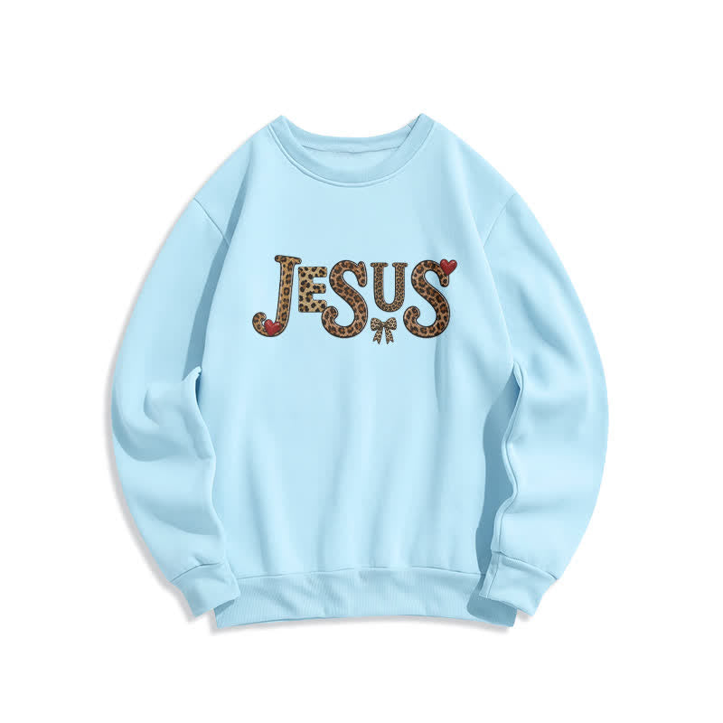 Christianartworkshop Jesus Leopard Heart Bow Crewneck Fleece Sweatshirt - Blau - 2XL - image 5