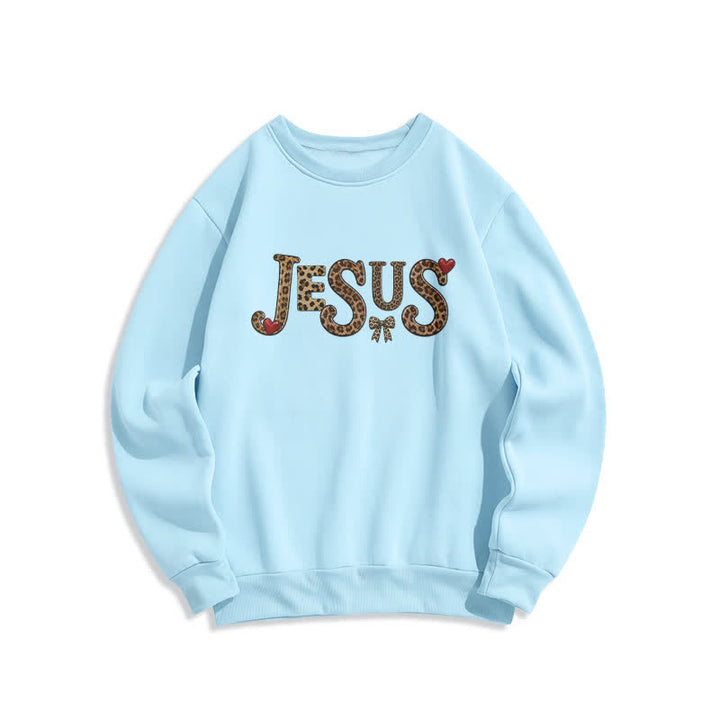 Christianartworkshop Jesus Leopard Heart Bow Crewneck Fleece Sweatshirt - Blau - 2XL - image 5