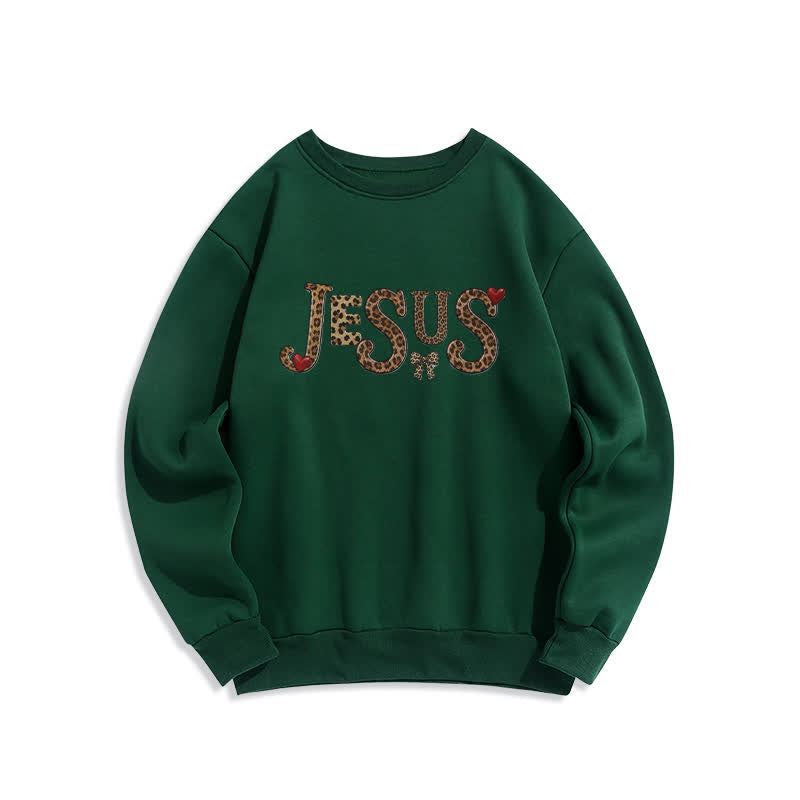 Christianartworkshop Jesus Leopard Heart Bow Crewneck Fleece Sweatshirt - Grün - 2XL - image 3