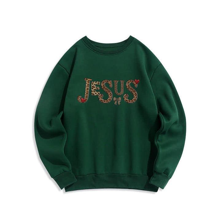Christianartworkshop Jesus Leopard Heart Bow Crewneck Fleece Sweatshirt - Grün - 2XL - image 3