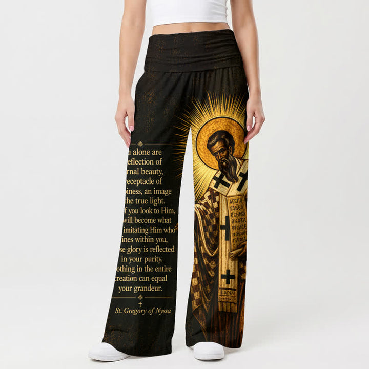 Christianartworkshop Goldene Damenhose mit Heiligen-Ikonen-Schriftzug, hoher Bund und weitem Bein - image 1