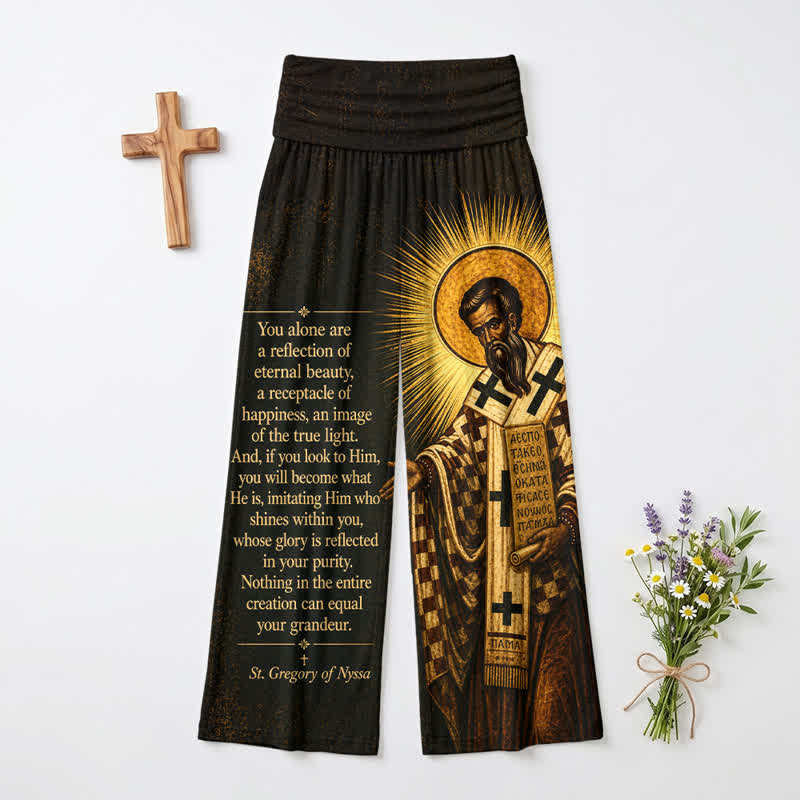 Christianartworkshop Goldene Damenhose mit Heiligen-Ikonen-Schriftzug, hoher Bund und weitem Bein - US22, UK/AU26, EU54 - image 0